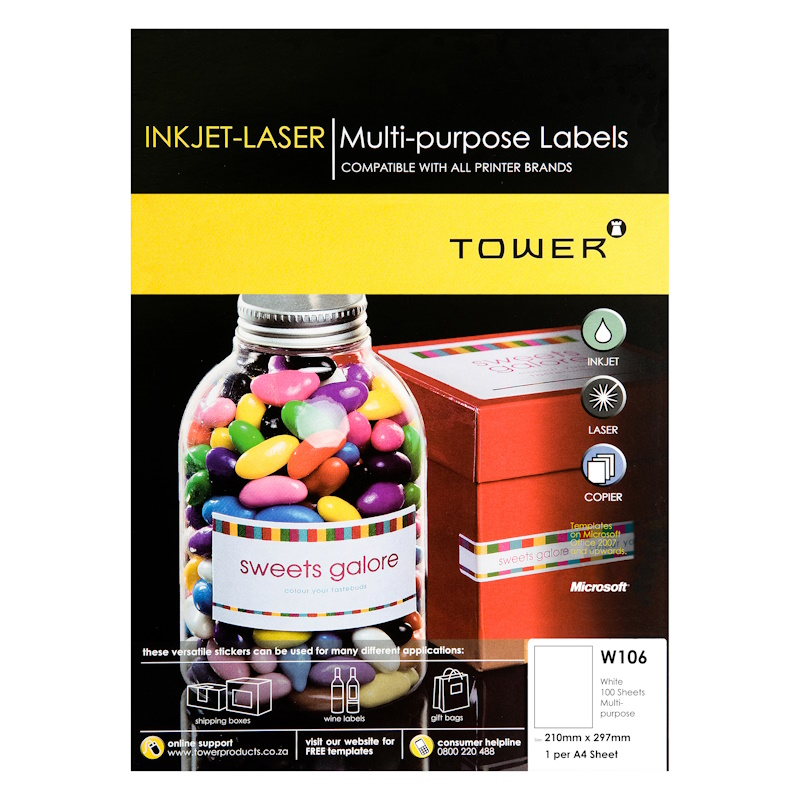 Tower Laser Labels 210 x 297mm 1 Up (100) (W106)