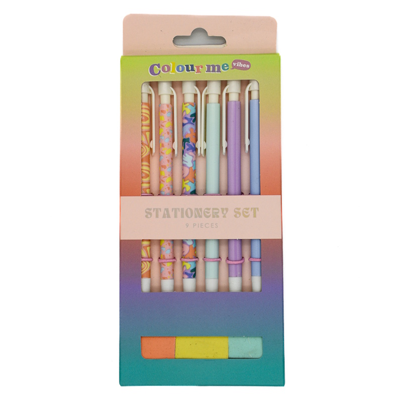 Colour Me Vibes Stationery Set HB Clutch Pencils + Erasers (9) (8124)
