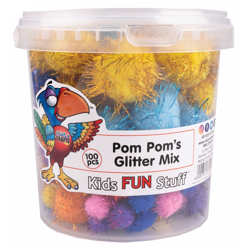 Crazy Craft Pom Poms Bucket 12 x 13cm (glitter)