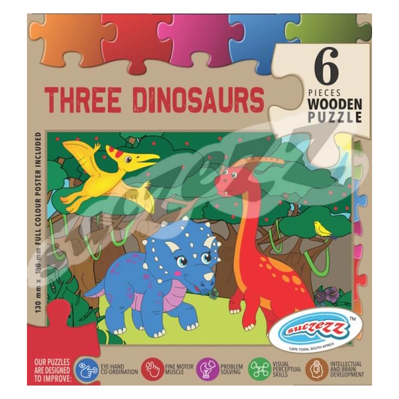 Three Dinosaurs Wooden Puzzle (6 piece)