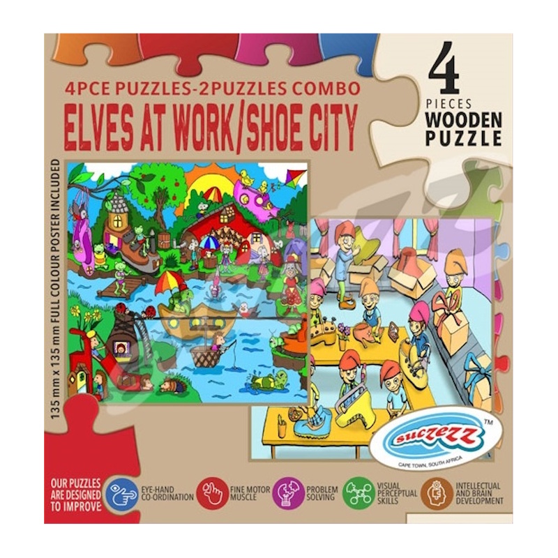Elves at Work & Shoe City Wooden Puzzle (4 piece combo)