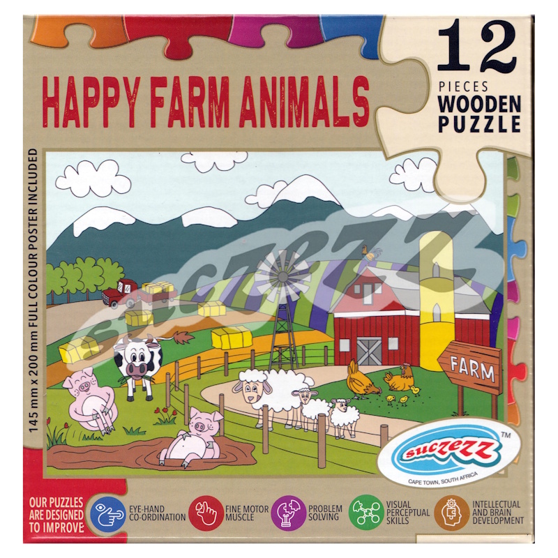Happy Farm Animals Wooden Puzzle (12 piece)